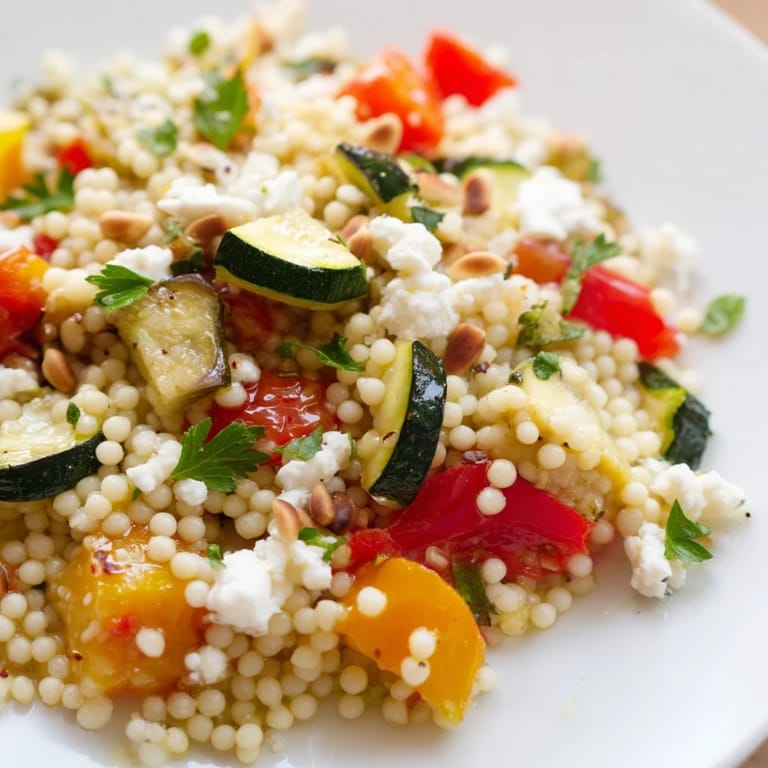 Vibrant roasted veggie couscous salad topped with toasted pine nuts and crumbled feta on a rustic table.
