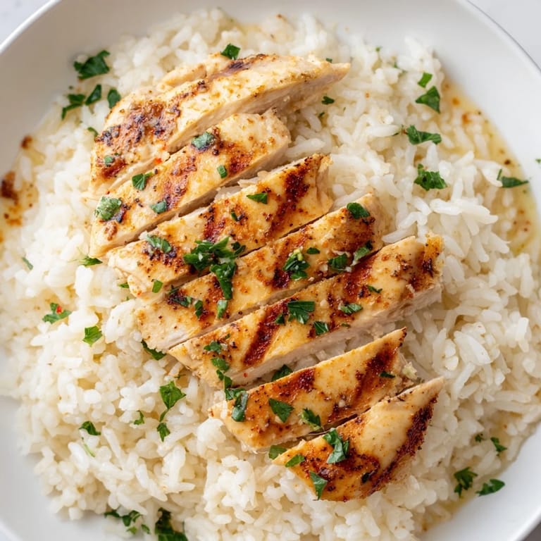 A comforting bowl of Garlic Butter Rice with succulent chicken breast, garnished with fresh parsley and served with lemon wedges.