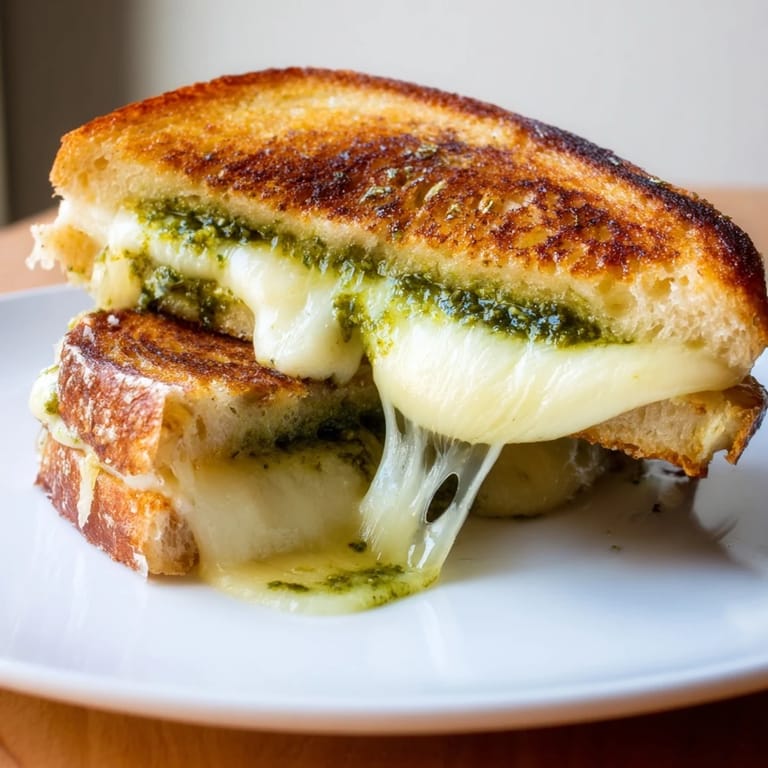 Close-up of a toasted sourdough pesto grilled cheese with a gooey cheese pull and vibrant green basil pesto.