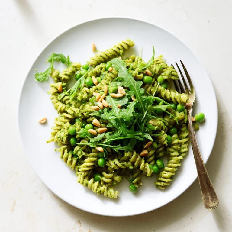 Spring Green Pesto Pasta Salad plated with fork-twisted pasta, bright peas, and crumbled feta, garnished with extra pine nuts and fresh herbs.