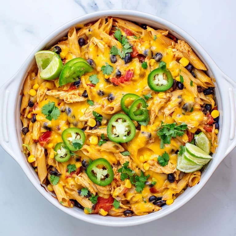 A close-up view of a freshly baked Chicken Burrito Pasta Bake, featuring tender chicken pieces and vibrant red bell peppers nestled in cheesy pasta.