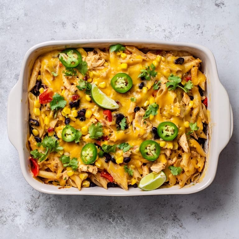Served warm with fresh cilantro and lime wedges, this Chicken Burrito Pasta Bake offers a delicious Tex-Mex twist on classic comfort food.
