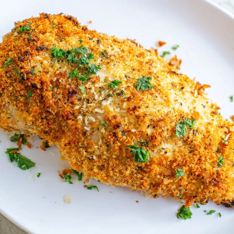 Savory roasted garlic Parmesan chicken served hot with a fresh green salad, showcasing its crispy, golden crust.  
