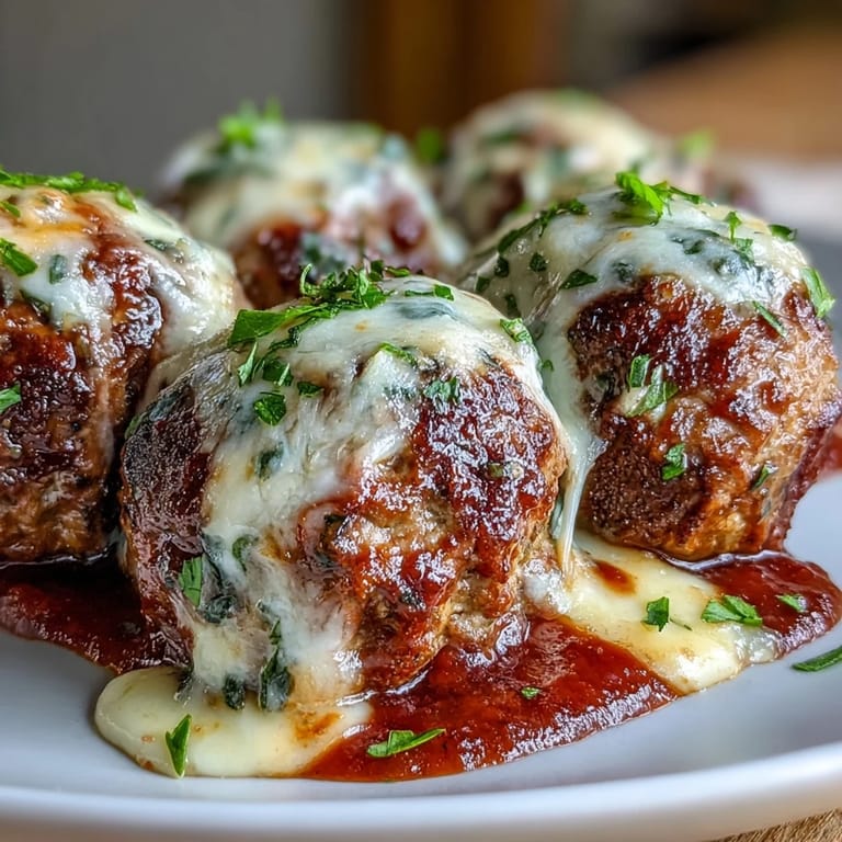 Appetizing Cheesy, Garlicky Meatballs With Marinara served over spaghetti with extra sauce and garlic bread on the side.