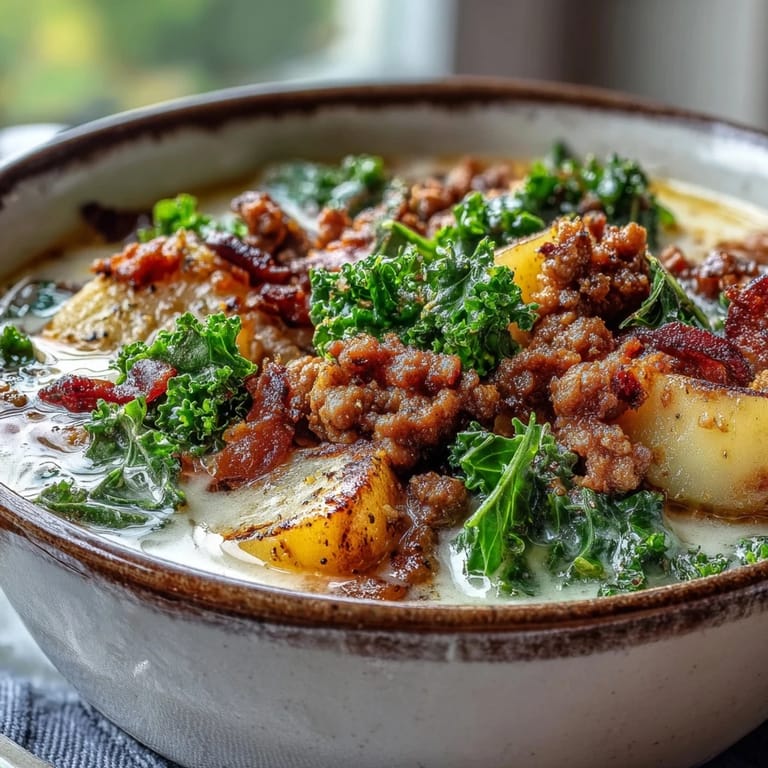 Savory Italian Sausage Soup simmered with crispy bacon bits, silky cream, and wilted greens, ready to enjoy.