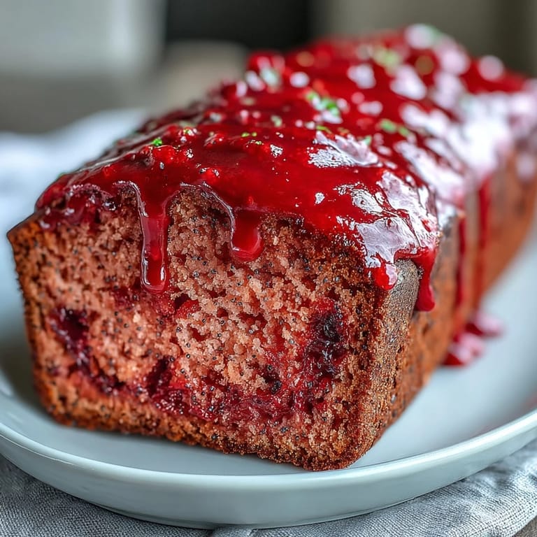 Slice of Blood Orange Loaf Cake reveals ruby-red crumb with poppy seeds and marzipan, paired with steaming tea on a linen napkin.