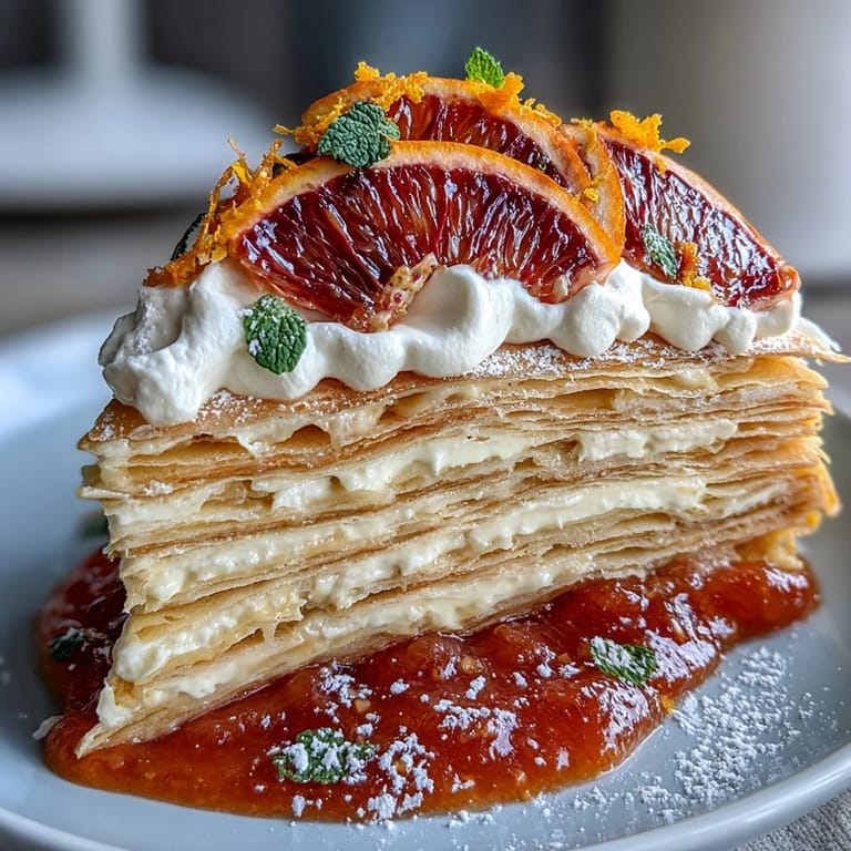 A slice of Blood Orange Curd Crêpe Cake with a dusting of powdered sugar, garnished with edible flowers for a stunning presentation.