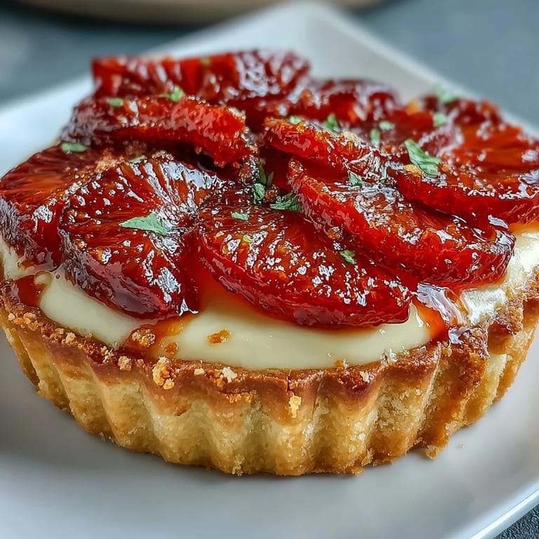A close-up shot of Blood Orange Tarts reveals silky custard nestled in flaky shells, topped with vibrant, ruby-red fruit.  