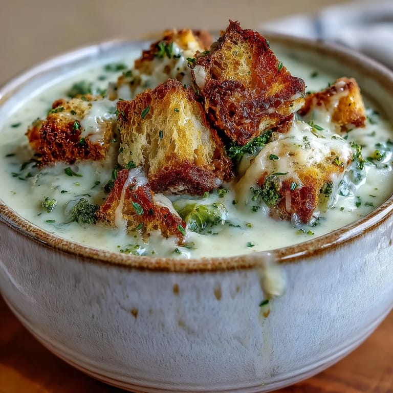Steaming Cauliflower and Broccoli Soup blended until velvety smooth, garnished with crisp croutons and fresh thyme for a cozy, comforting meal.  