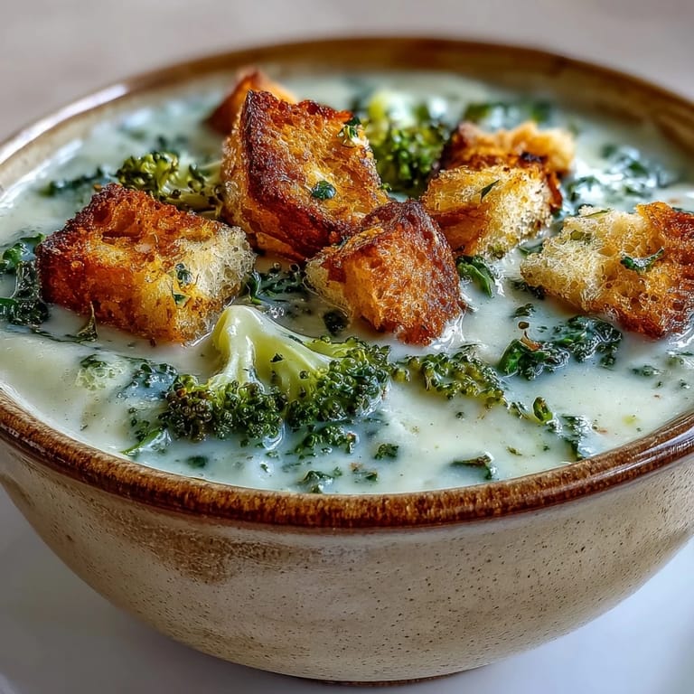 Homemade Cauliflower and Broccoli Soup with tender vegetables and crunchy garlic croutons, presented in a white bowl with a spoon beside it.