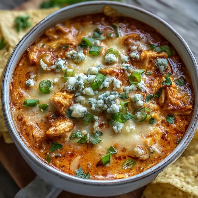 Ladle of Crock Pot Buffalo Chicken Dip Soup served with celery sticks and tortilla chips, perfect for game day.