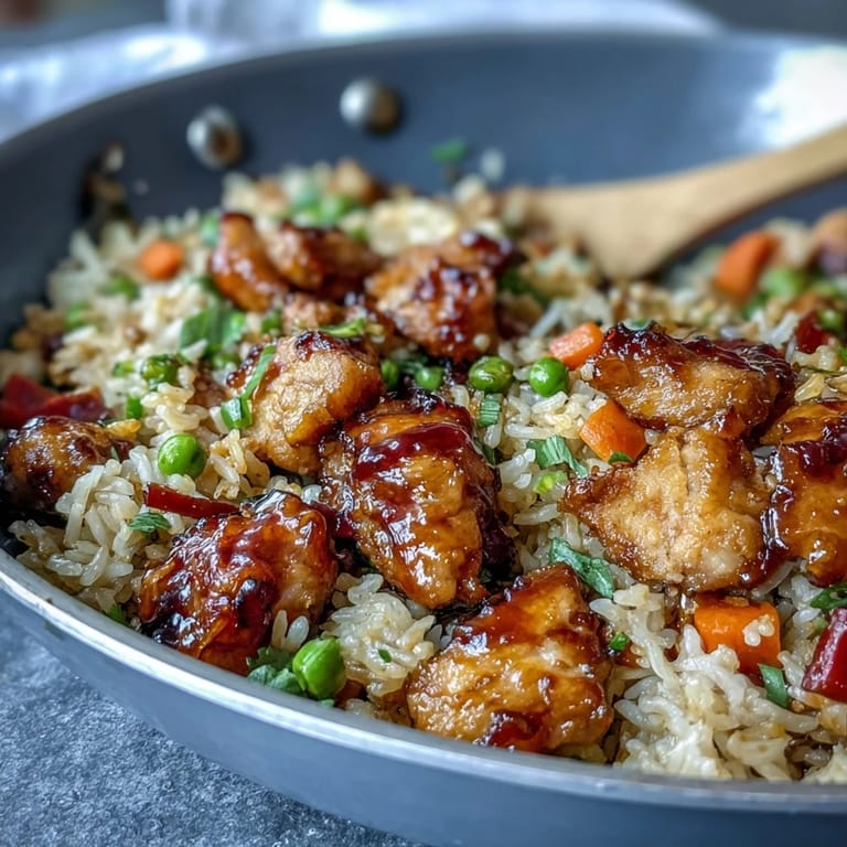 Tender chicken glazed in sweet and smoky BBQ sauce sits atop vibrant bell peppers and peas in this One-Pan Bold Honey BBQ Chicken Rice.