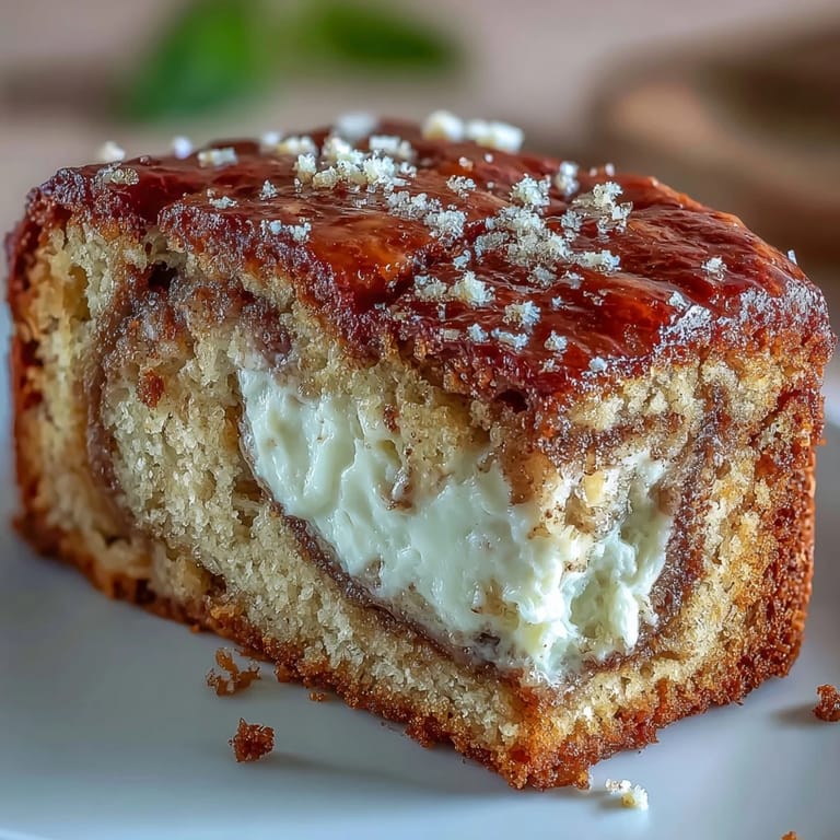 Close-up of Cream Cheese Cinnamon Swirl Banana Bread on a marble counter, showcasing golden crust and creamy filling, ideal for snacking or dessert.