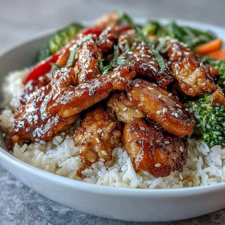 Glazed Honey Garlic Chicken Bowl featuring tender thighs over white rice, vibrant vegetables, and a sweet, sticky sauce drizzle.