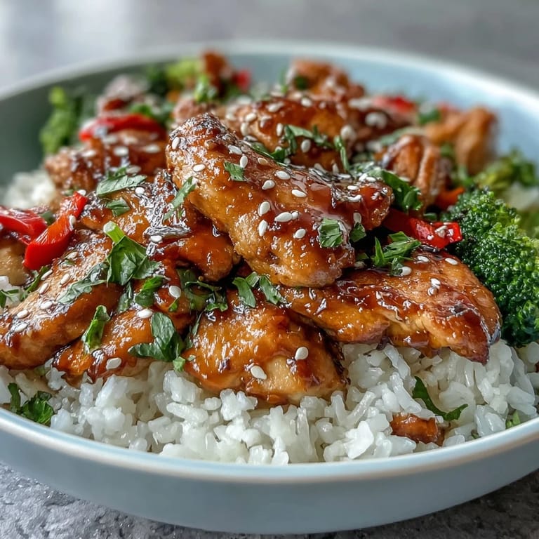 Sizzling Honey Garlic Chicken Bowl on a bed of jasmine rice, garnished with green onions and sesame seeds.
