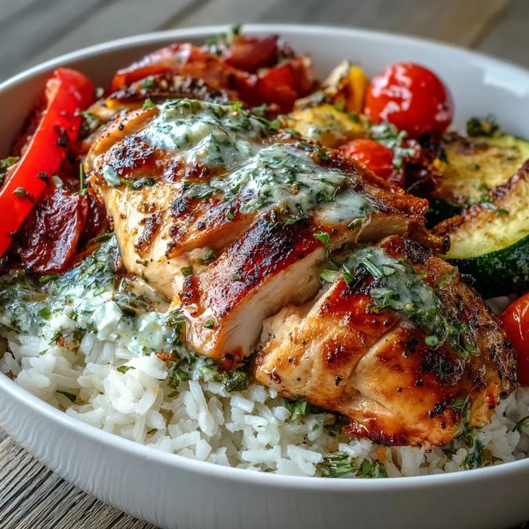 Sliced tender chicken and roasted peppers over steamed rice in a vibrant Lemon Herb Roasted Chicken Bowl garnished with lemon zest.