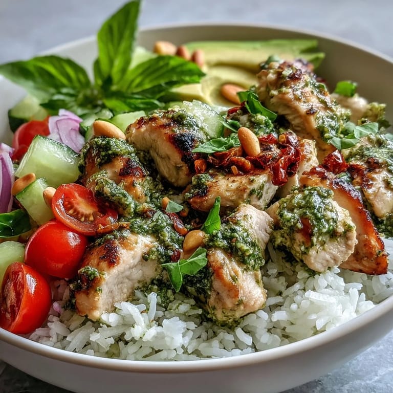 Hearty Pesto Chicken Bowl topped with cherry tomatoes, cucumbers, and pine nuts. 