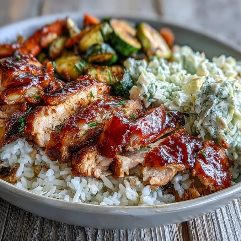BBQ Chicken Bowl with roasted zucchini, bell peppers, and broccoli served hot for a crowd-pleasing dinner.