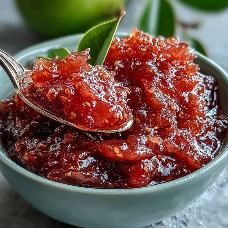 Freshly prepared guava preserves show a chunky, aromatic texture, ideal for spooning onto warm biscuits.