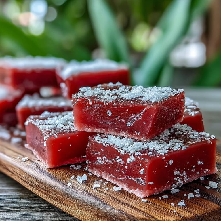 Freshly made Guava Cheese cut into neat squares, ready to serve on a dessert platter.