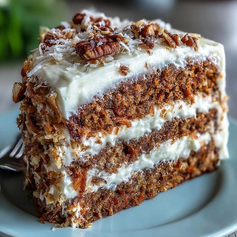 A festive slice of Christmas Hawaiian Carrot Pineapple Cake reveals shredded carrots and pineapple bits under creamy frosting.