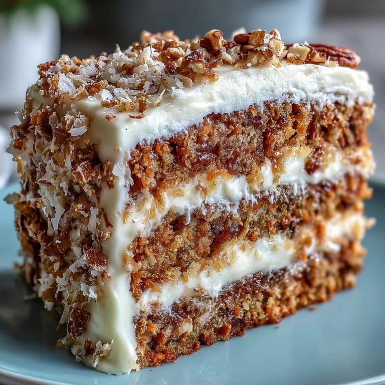Frosted Christmas Hawaiian Carrot Pineapple Cake on a white platter, garnished with toasted coconut, ready for a holiday celebration.