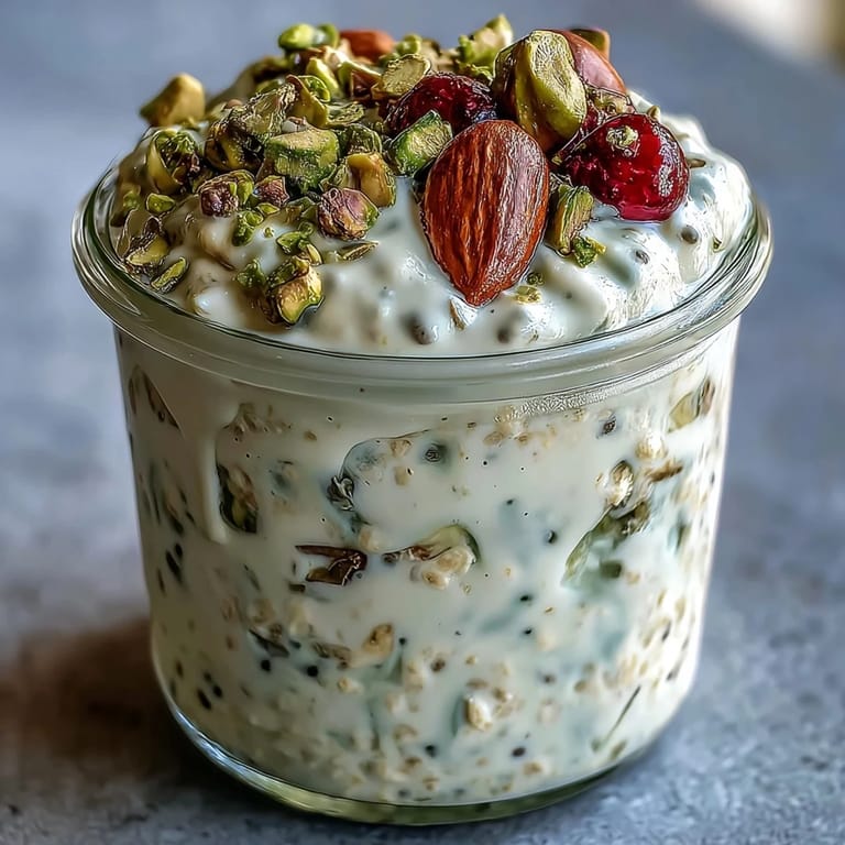 Colorful pistachio overnight oats served with fresh blueberries and a drizzle of maple syrup, perfect for a quick, healthy morning meal.