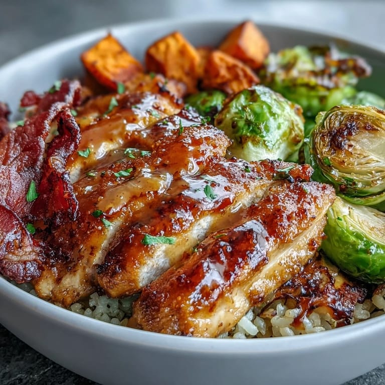 Freshly prepared Maple Dijon Chicken Sweet Potato Bowls topped with pecans and cranberries, served on a rustic table.