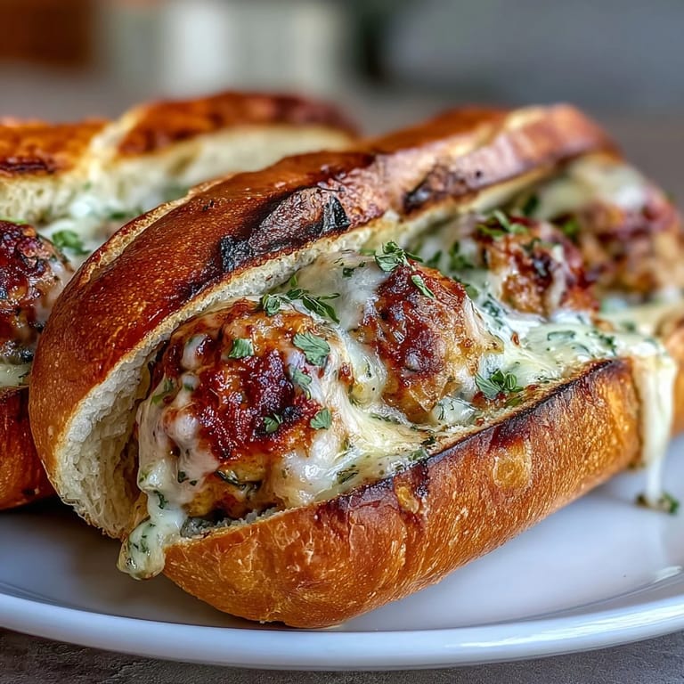 Garlic Parmesan Turkey Meatball Subs are piled high on a toasted, crusty hoagie roll.