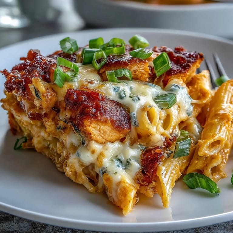 Bubbling Creamy Buffalo Ranch Chicken Pasta Bake in a 9x13 dish, garnished with green onions and ready for dinner.