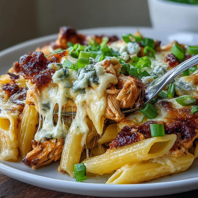 Fresh green onions and crumbled blue cheese garnish the spicy, cheesy pasta bake filled with penne and tender chicken. 