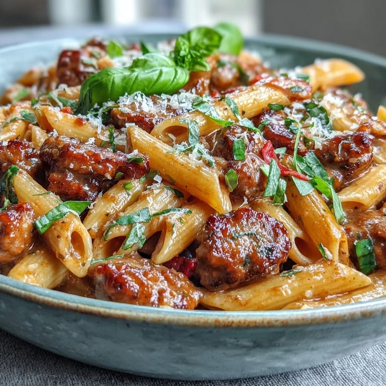 Close-up of One-Pot Creamy Red Wine Sausage Pasta showing tender sausage pieces and vibrant red bell peppers in a creamy sauce.