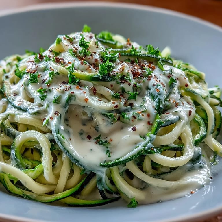 Tender sautéed zucchini noodles tossed with silky dairy-free cashew Alfredo and topped with parsley.