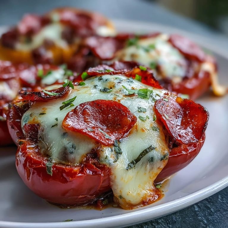 Freshly baked Keto Pizza Stuffed Peppers with melted mozzarella and pepperoni topped with fresh basil.