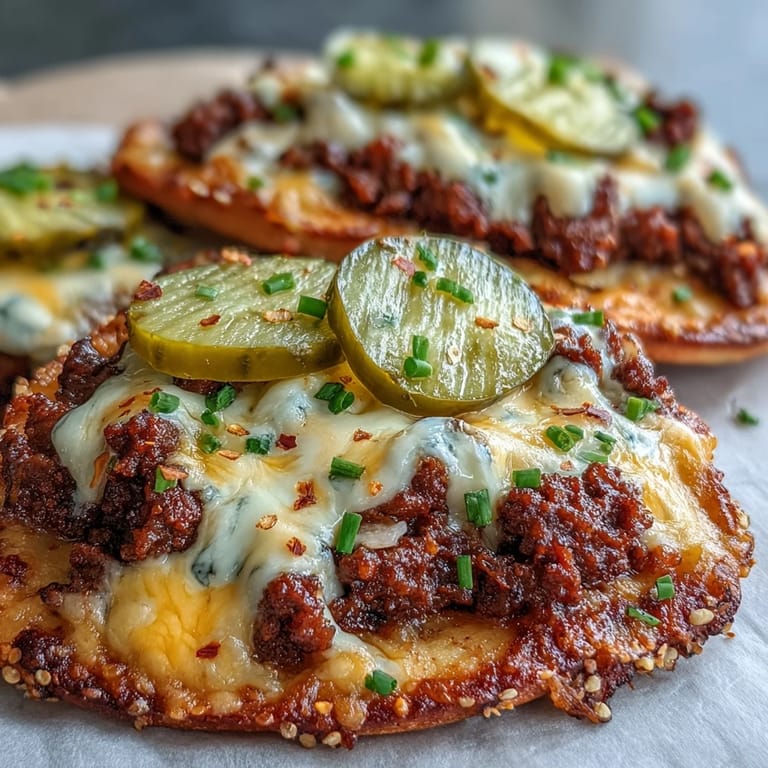 Close-up of a cheesy, saucy Cheeseburger Garlic Naan Pizza slice held by hand, showcasing the juicy beef topping and crispy naan crust.