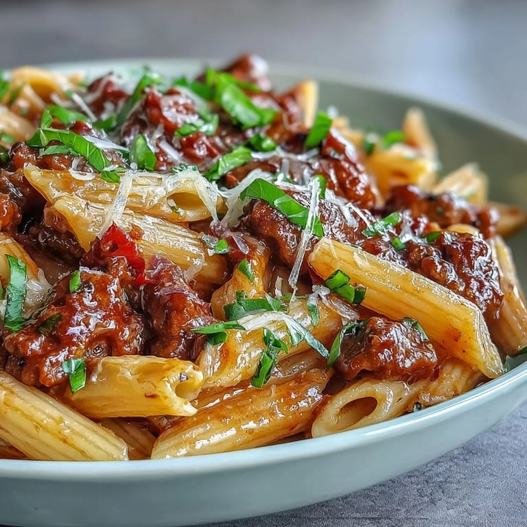 Steam rises from bowls of one-pot creamy red wine sausage pasta, garnished with Parmesan and herbs, served warm.