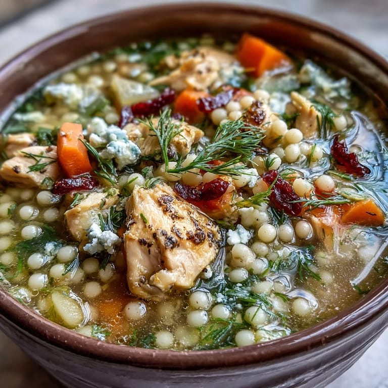 Hearty Greek Chicken & Pearl Couscous Soup ladled into a rustic mug beside lemon wedges.