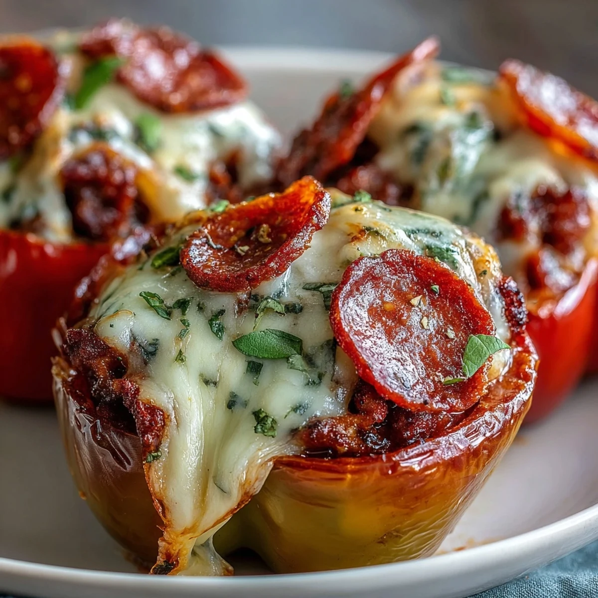 Four golden-bell pepper halves stuffed with rich marinara and gooey mozzarella cheese ready to serve.