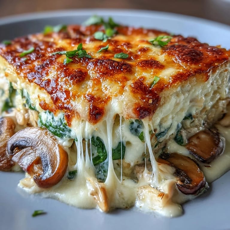 Flavorful chicken, spinach, and mushroom bake topped with melted cheese, perfect for a hearty, gluten-free dinner.