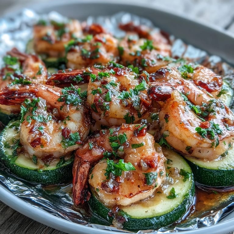Easy Keto Lemon Butter Garlic Shrimp Packets with Zucchini, highlighting tender shrimp, crisp zucchini, and fragrant herbs in a light lemon-butter drizzle.