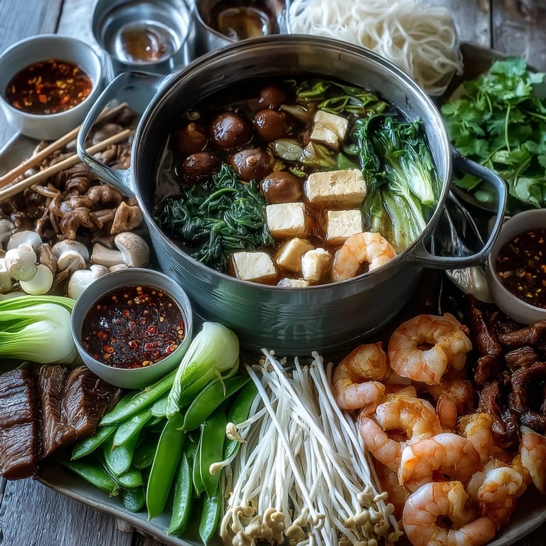 Guests gather around a communal hot pot, cooking colorful ingredients in a bubbling, aromatic broth for a shared dining experience.