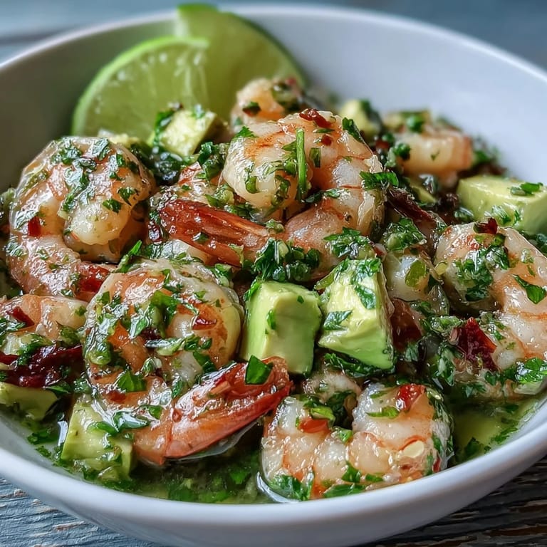 Fresh shrimp ceviche infused with lime juice, spicy chilli, and herbs, garnished with avocado and served with crunchy tostadas.
