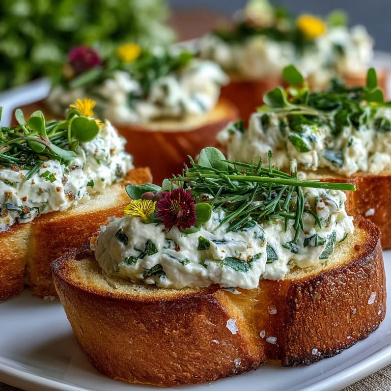 Elegant appetizer featuring golden crostini spread with creamy herb-infused cheese and vibrant microgreens.  