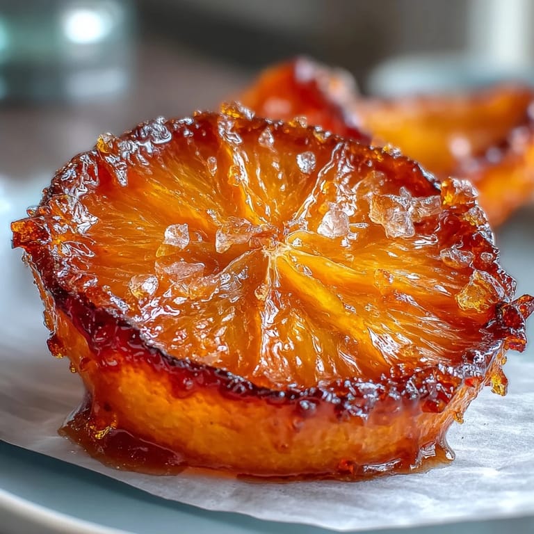 Stack of translucent candied orange slices, showcasing their vibrant color and ideal for garnishing cakes or chocolate treats.