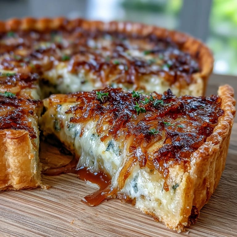 Rich savory tart featuring slow-cooked caramelized onions and nutty Gruyere cheese baked in buttery pastry for a gourmet brunch centerpiece.  