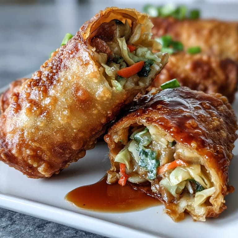 Lightly crisped vegetable egg rolls featuring shiitake mushrooms and bell peppers, drizzled with aromatic soy ginger glaze.
