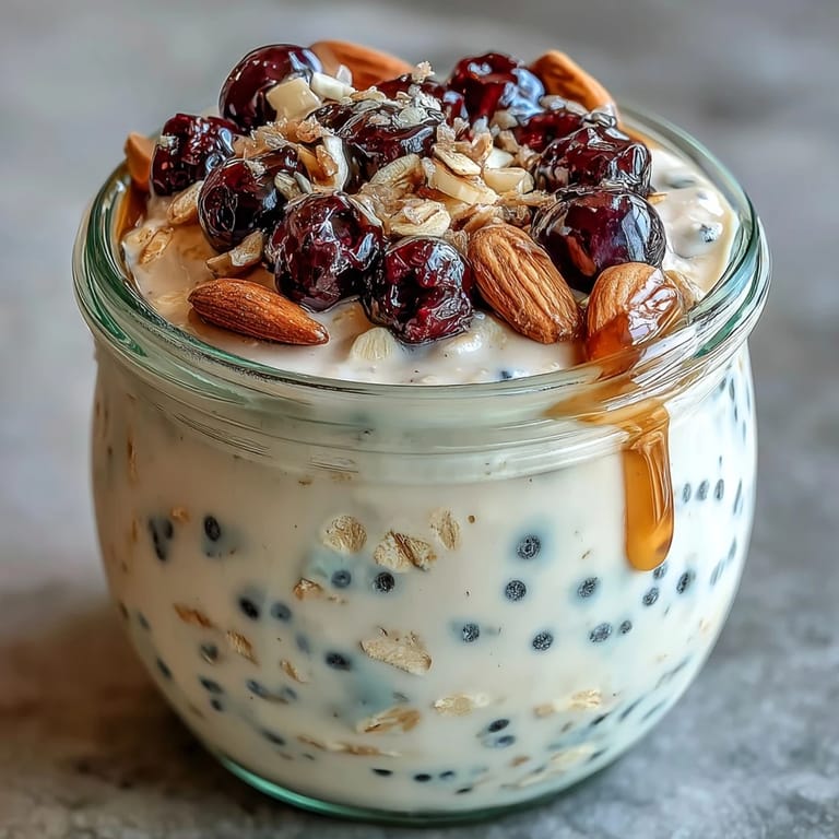 Layered chia overnight oats topped with juicy blueberries and sliced almonds, perfect for healthy breakfasts.  