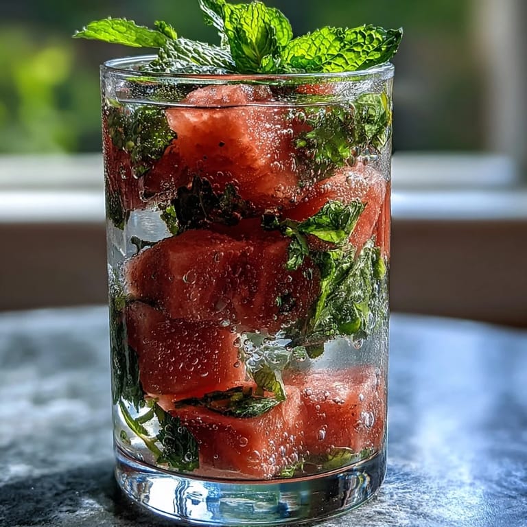 Hydrating watermelon mint infused water featuring juicy red melon chunks and aromatic mint leaves, served chilled over ice in a tall glass.