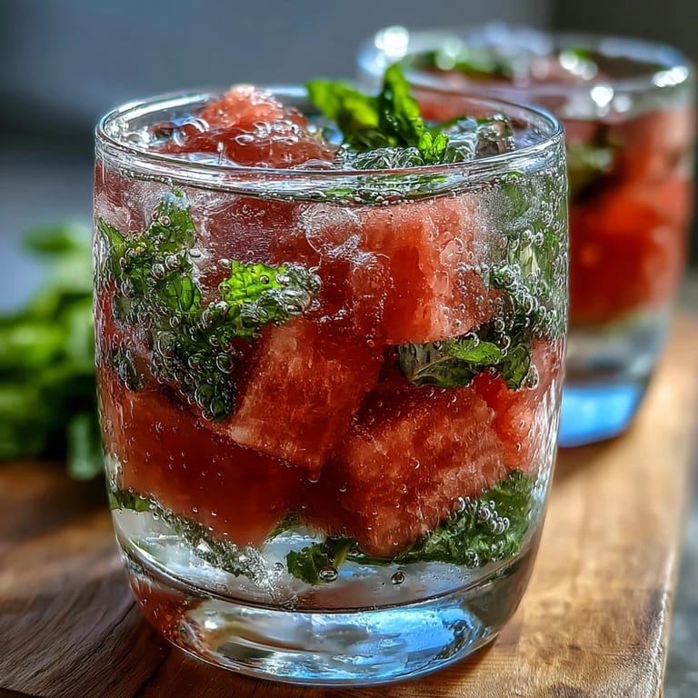 Vibrant watermelon mint infused water with ruby watermelon cubes and fresh mint sprigs, offering a naturally sweet and cooling beverage for warm days.