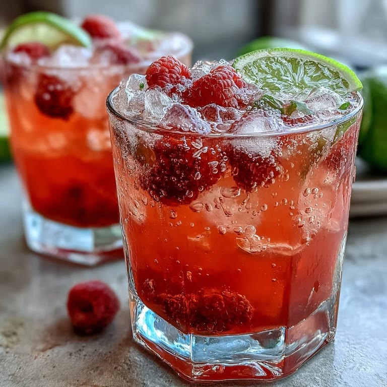 Vibrant cocktail of raspberries, zesty lime, and prosecco served over ice with mint leaves, perfect for Galentine's Day celebrations.
